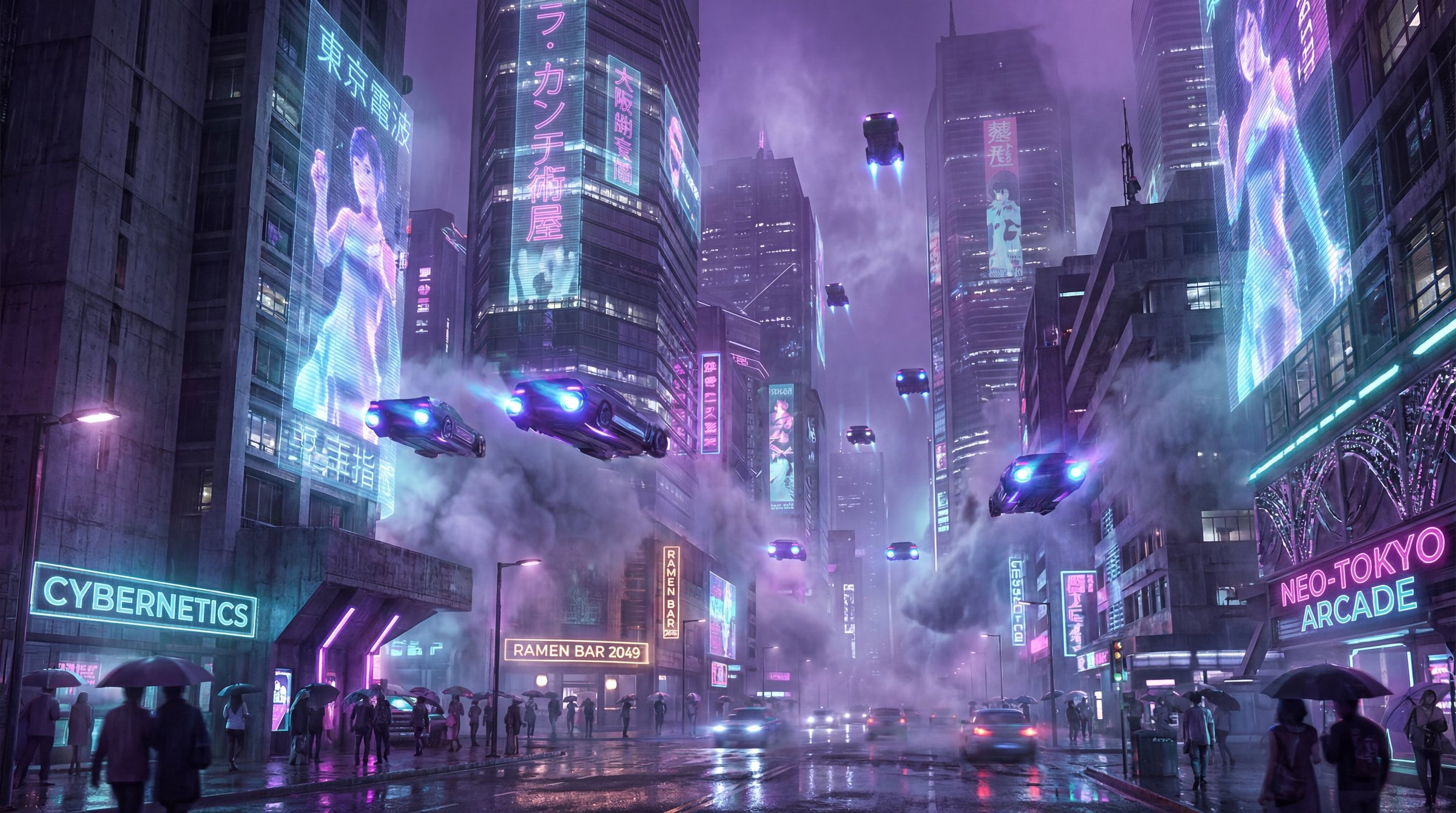 未来城市夜景，霓虹灯和飞行器，科幻概念